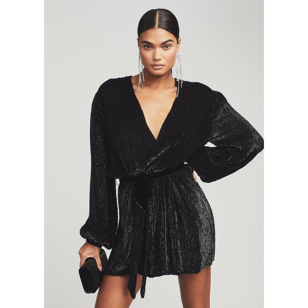 NWT Retrofete Gabrielle Embellished Robe Mini Dress Size S Black VNeck Tie Waist - Picture 1 of 14